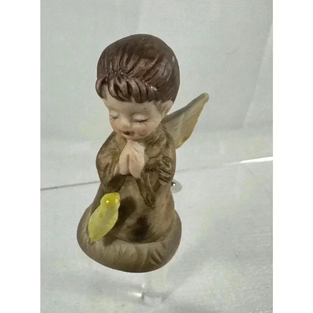 Vintage Creative Art Flowers Praying 2" Cherub Angel Yellow‎ Bird Figurine 1977